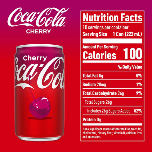 Pack 7.5 oz, 10 Pack Coca-Cola Cherry Soda Soft Drink Fridge Mini Cans, fl