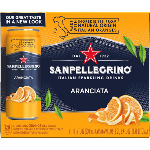 6 Pack Sanpellegrino Italian Sparkling Drink Aranciata, Sparkling Orange Beverage, Of Cans