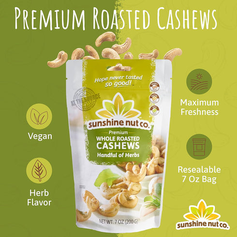 4 Pack, 7 oz. Packs Sunshine Nut Company Whole Roasted Lightly Salted Cashews, Handful of Herbs Flavor, Each, Gluten