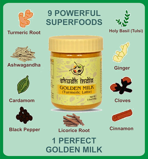 9 Shudh India Golden Milk Powder (Turmeric Latte) Turmeric Superfood Blend - Non-GMO,Vegan