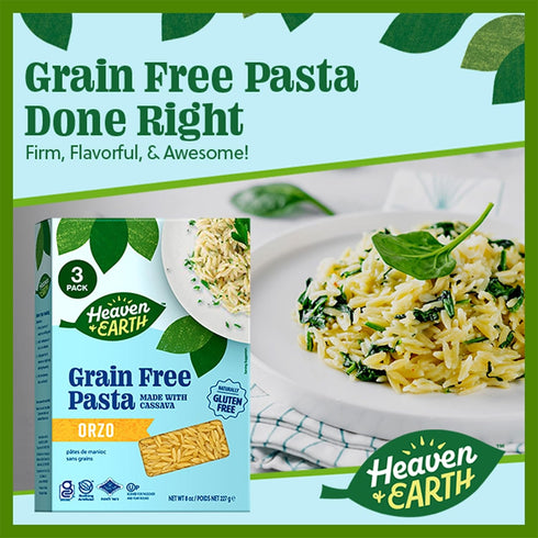 8oz (3 Pack) Heaven & Earth Grain Free Pasta, Cassava Orzo, | Paleo Pasta | Vegan | Certified Gluten Free | Kosher