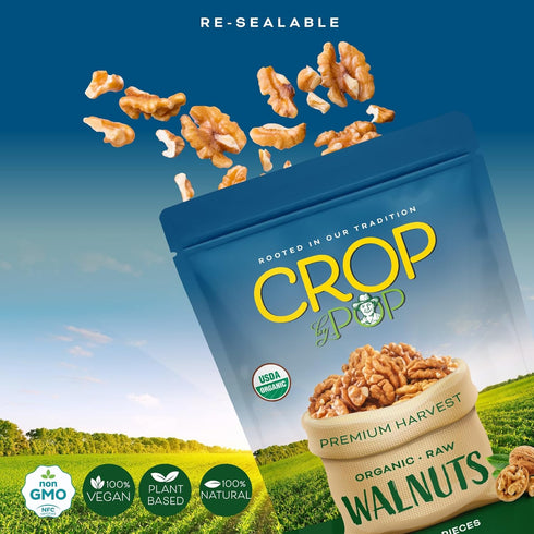(32 Oz 2 LB) Packed CROP BY POP - Organic Raw Walnuts Halves & Pieces - Fresh in Resealable Bag - USDA Organic, Non GMO