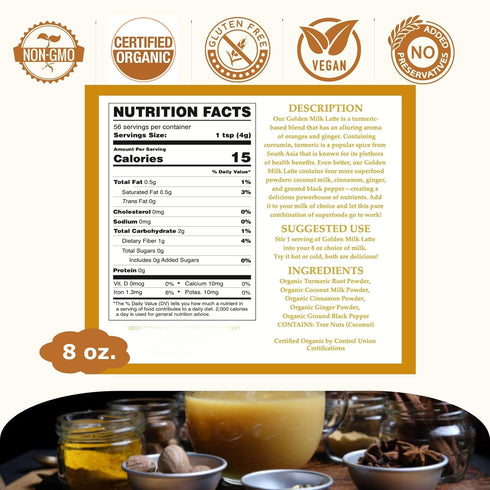 8 oz Chrie Sweet Heart Turmeric Cinnamon Superfood Blend Organic Golden Milk Powder with Coconut Milk, Cinnamon