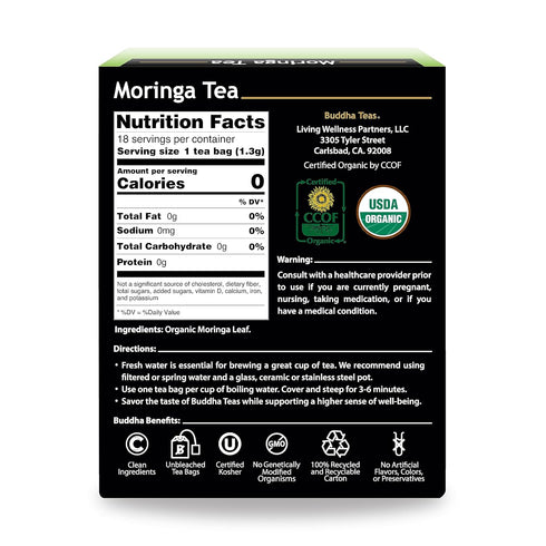 Buddha Teas Moringa Tea, Herbal Tea, Caffeine Free, 18 Tea Bags