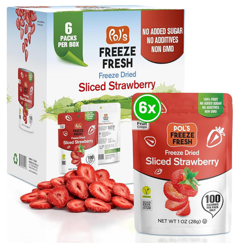 6 Pack (1 Oz Packs Pols Freeze Fresh - Sliced Freeze-Dried Strawberries Each) No Added Sugar, Non-GMO, Vegan