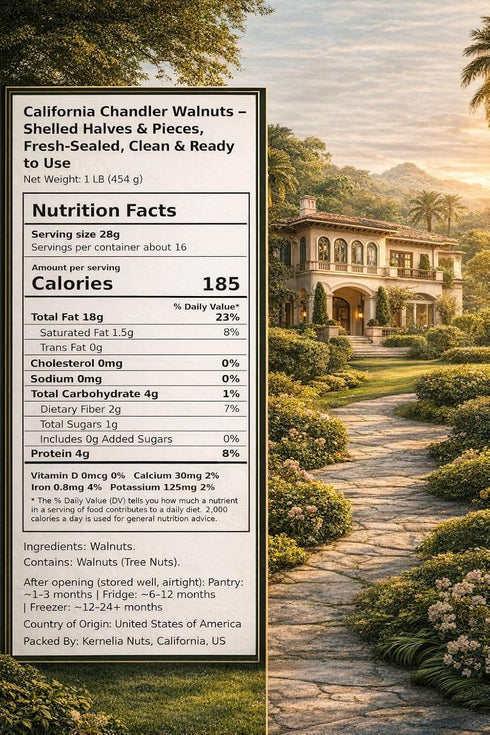 Kernelia Nuts Packed 1 lb California Chandler Raw Walnuts Halves and Pieces Shelled, Fresh Clean Ready to Use, Raw