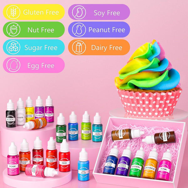 Food Coloring Set - 24 Vibrant Food Grade Liquid Dyes for Cake Decorating, Baking, Easter Egg Icing, DIY Supplies Kit