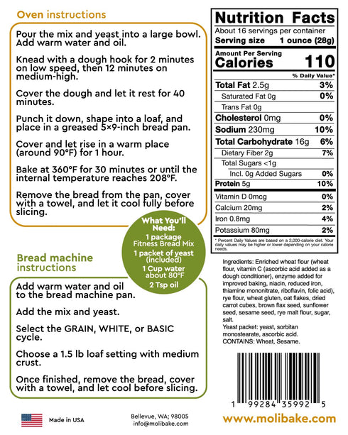 15 oz Molibake Fitness Bread Mix All-Natural High-Fiber Bread Mix for Bread Machine and Oven Whole Grain Breads Mix