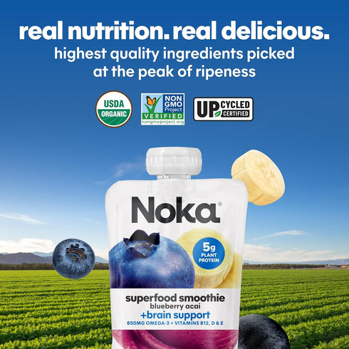 4.22 oz, 24 Count Noka Superfood Fruit Smoothie Pouches, Blueberry Acai, Healthy Snacks with Flax Seed, Prebiotic Fiber