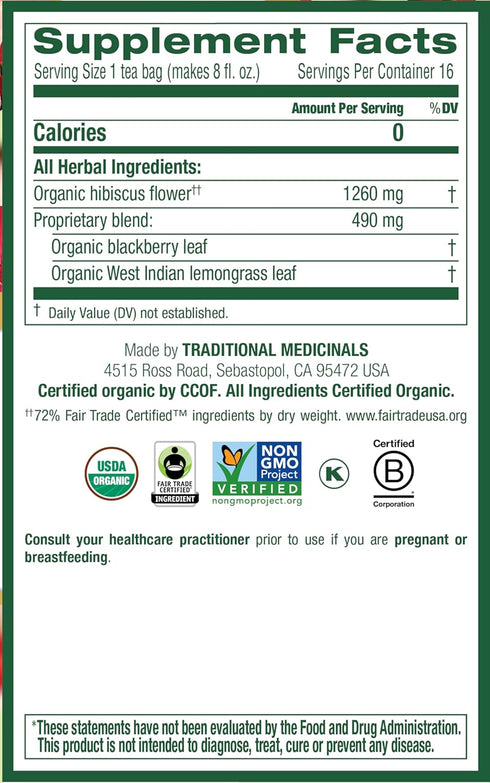 (6 Pack) 96 Traditional Medicinals - Organic Hibiscus Herbal Tea - Supports Heart Health - Tea Bags Total