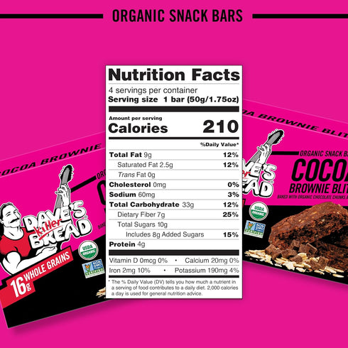 4 Dave's Killer Bread Cocoa Brownie Blitz Organic Snack Bars, Individually Wrapped Snack Bars