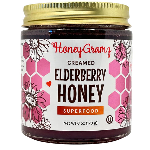 HoneyGramz Organic Elderberry Honey - Raw and Kosher Creamed Honey and Organic Elderberry