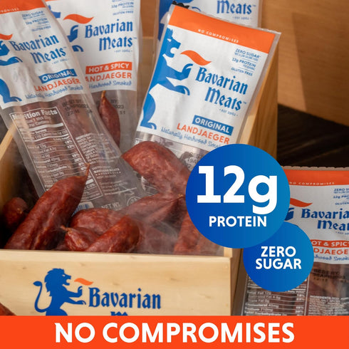 2.75 (Pack 6) Bavarian Meats Landjaeger Meat Sticks, Smoked Sausage Protein Snacks, Zero Sugar, Great Source