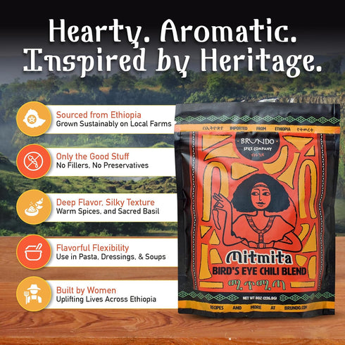 Brundo Ethiopian Spice Company Mitmita - Authentic Ethiopian Spice Blend with Bird's Eye Chili Pepper (8 oz)