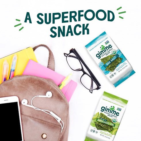 Gimme 20 Count, Omega3s Seaweed Organic Premium Roasted Seaweed Snacks, Sea Salt, Keto, Vegan, Gluten-Free, Great