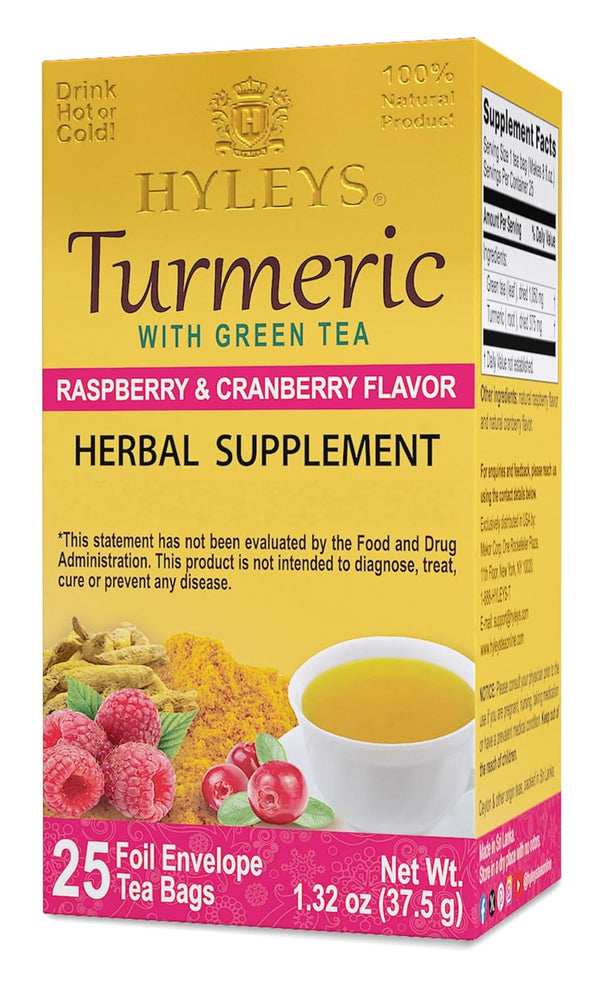 Hyleys Turmeric Tea - Raspberry & Cranberry Flavors, 25 Tea Bags - Wellness Herbal Supplement Green Tea