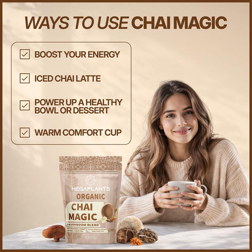 (30 MegaPlants Adaptogenic Mushroom Chai Tea Servings) | No Crash Energy & Focus Blend with Lions Mane, Reishi, Turkey