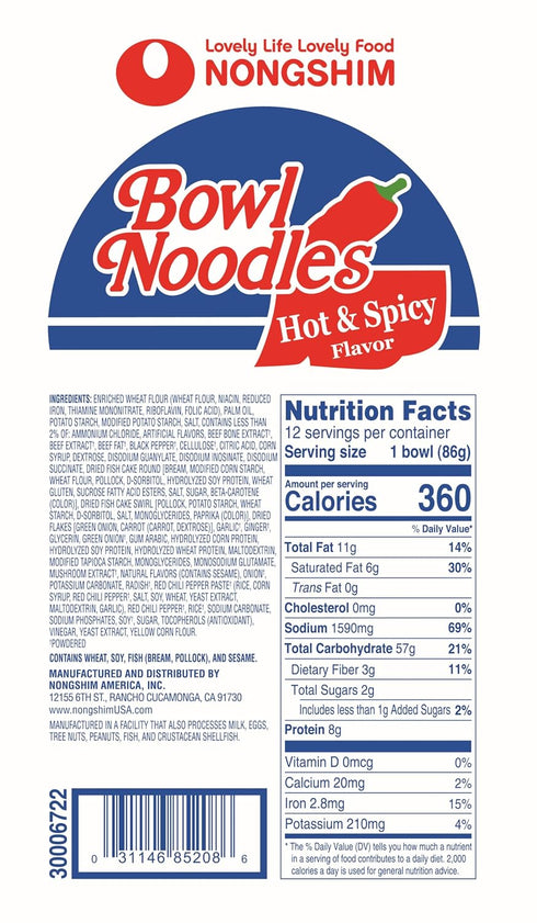 3.03 (Pack 6) Nongshim Ramen Noodles, Gourmet Instant Ramen bowl, Premium Microwavable Noodle Soup, Hot & Spicy, Ounce