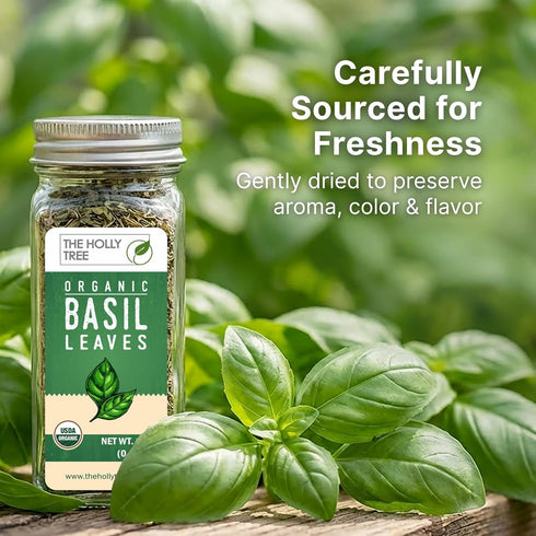 THE HOLLY TREE 0.7 oz Organic Basil Leaves - Dried Basil Seasoning with Fresh Flavor - USDA Organic, Kosher, Gluten