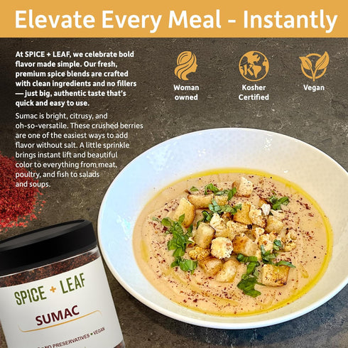 3.5 oz. Premium Ground Sumac Spice by SPICE + LEAF - Vegan Kosher Preservative Free Red Middle Eastern Ground Herb