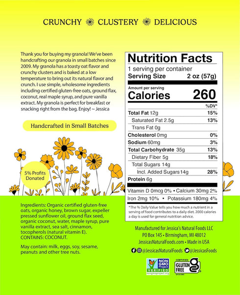 Packs 10 (2oz Jessicas Vanilla Maple Granola - of Snack Bags) - Handmade, Non-GMO, Gluten-Free, Whole Grain