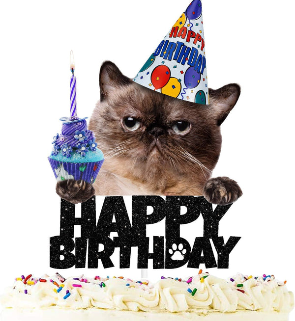 Cat Happy Birthday Cake Topper, Pet Themed Party Black Glitter Decoration Supplies
