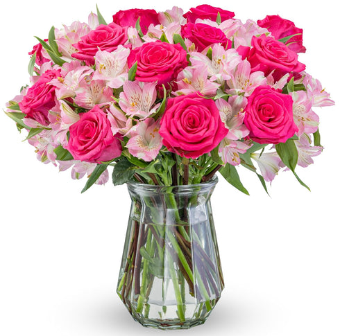 Benchmark Bouquets - Charming Roses & Alstroemeria (Glass Vase Included) - Fresh
