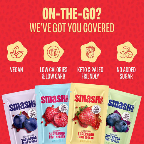 Packets 12-Pack Smash Foods Single Serve Jam | Variety | Natural, Keto & No Sugar Added | Vegan & Upcycled Fruit Spread