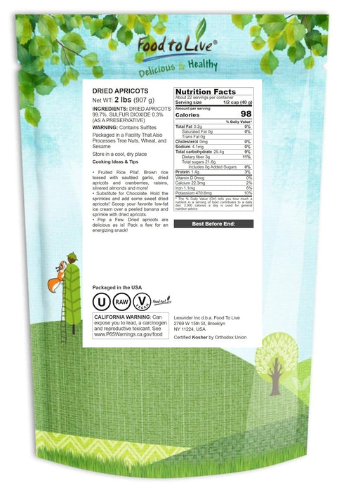 2 Food to Live - Dried Apricots, Pounds Kosher, Vegan, Bulk, Product of Turkey