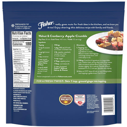 Fisher Chef's Naturals Walnut Halves & Pieces 2 lb, 100% California Unsalted Walnuts for Baking & Cooking, Snack Topping, Resealable Bag, Great with Yogurt & Cereal, Vegan Protein, Keto Snack