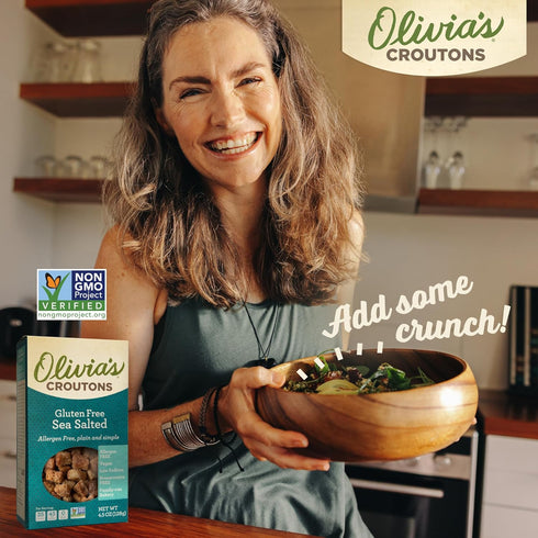 4.5 Oz (Pack 2) Olivias Gluten Free Sea Salt Flavor Croutons For Salad Crunchy Garlic Soup Crouton Made from Allergen