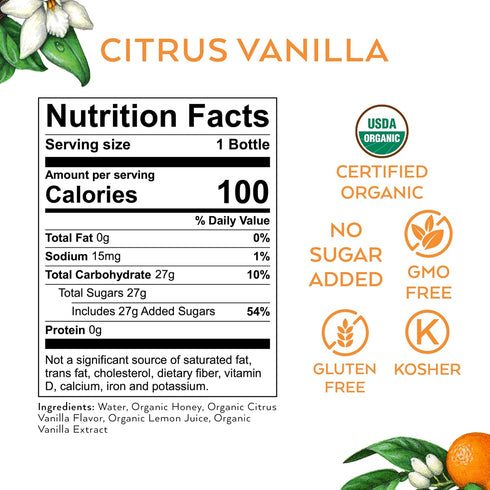 16 Oz, 12 pack Blume Honey Water Certified Organic Citrus Vanilla, Made with Real Organic Honey, GMO Free, Fl