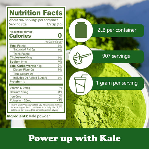 32 Oz (2 LB), 100% 907 NPG Freeze-Dried Kale Powder Pure, servings, Non-GMO, Superfood powder, No Sugar Added, Raw