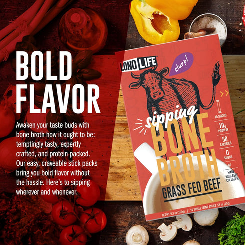 LonoLife Beef Bone Broth Powder Mix, Grass-Fed, 10g Protein, Collagen-Rich, Keto & Paleo Friendly, 10 Servings