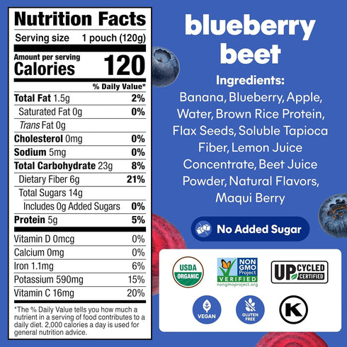 4.22 oz, 6 Count Noka Superfood Fruit Smoothie Pouches, Blueberry Beet, Healthy Snacks with Flax Seed, Plant Protein