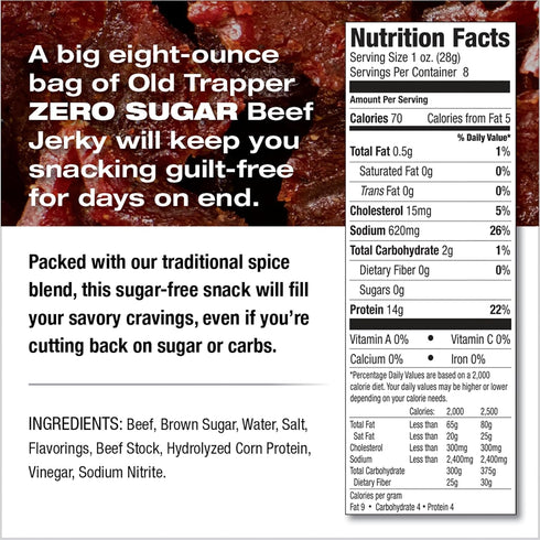 Package, 14 70 (Pack (Pack 2) Old Trapper Zero Sugar Beef Jerky, Eight-Ounce Individual Natural Wood Smoked