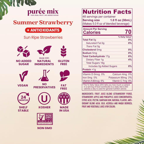 Summer 100% 2-Pk, 48oz Smartfruit Strawberry + Antioxidants Real Fruit Pure with Strawberries, Apple & Pineapple Great