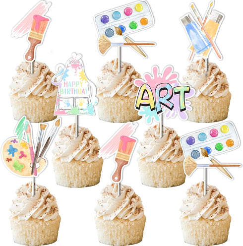 Art Birthday Party Decorations Girl - 24pcs Art Paint Party Cupcake Toppers for Rainbow Art Birthday Supplies
