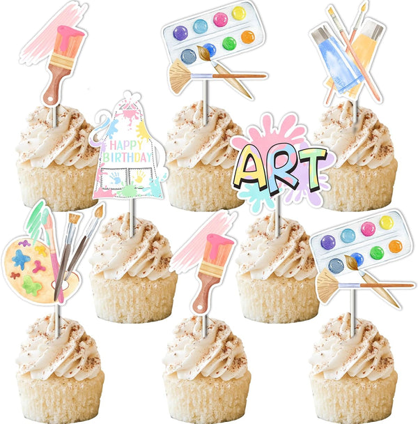 Art Birthday Party Decorations Girl - 24pcs Art Paint Party Cupcake Toppers for Rainbow Art Birthday Supplies