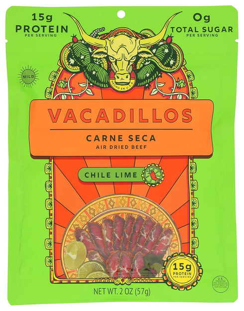 Vacadillos Air-Dried Beef Jerky Carne Seca, Chile Lime 3 Count