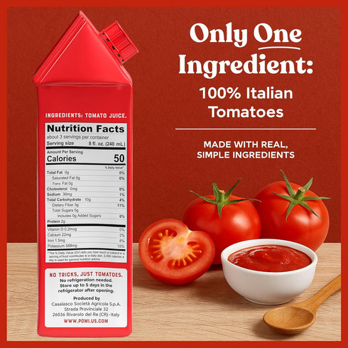 25.36 oz (Pack 6) 100% Pom Tomato Juice fl of - Made from Fresh Italian Pomi Tomatoes - Low Sodium Tomato Juice