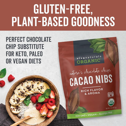 2 LB (907 Viva Naturals Organic Cacao Nibs, Unsweetened, g), Keto Friendly, Vegan, Non-GMO, Gluten-Free Chocolate Chip