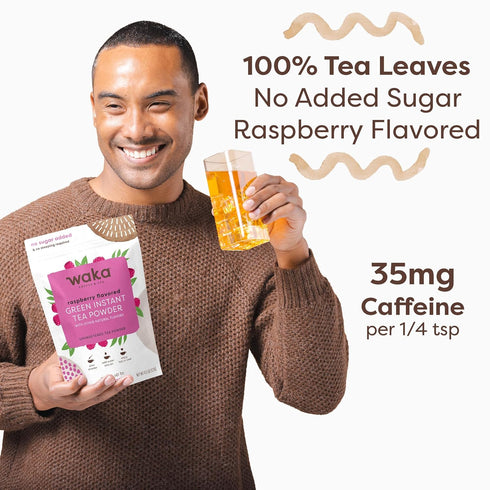 100% 200 (4.5oz) Waka Instant Green Tea Mix, Raspberry Flavored - Tea Leaves, No Additives, Unsweetened Tea Powder