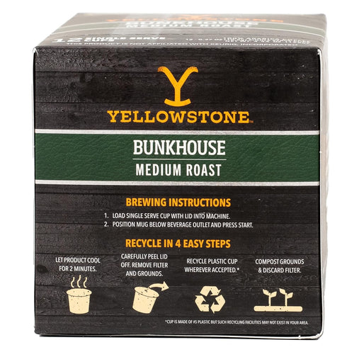 100% 36 Count Yellowstone Bunkhouse Medium Roast Coffee, Single Serve Recyclable Pods/Cups, Arabica Beans