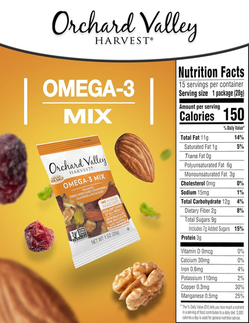 Omega-3 1 (Pack 15), Orchard Valley Harvest Mix, Ounce Bags of Walnuts, Cranberries, Almonds, and Pistachios, Gluten