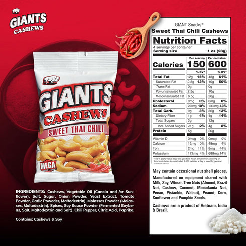 Packs, 4 oz (Pack 3) GIANTS Sweet Thai Chili Cashews - Spicy Cashews Roasted Lightly Salted, Cashews Individual Cashew
