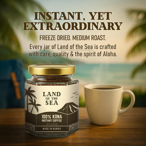 Land of the Sea 100% 1.5oz (1 Pack 22 KONA COFFEE - Premium Freeze Dried Instant Coffee - Low Acid Coffee - Medium