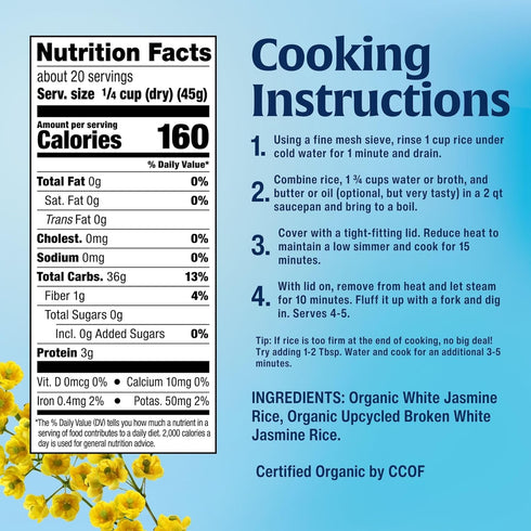2lb (Pack 1) Lundberg Upcycled Organic Jasmine White Rice - Light & Fluffy, Gluten Free, Resealable Bag