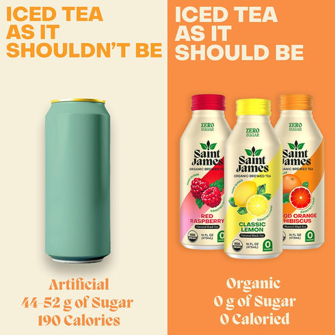 12 Pack (16 oz Saint James Iced Tea - Organic Black Tea - Non GMO, Gluten Free, Zero Calorie & Zero Sugar - Variety