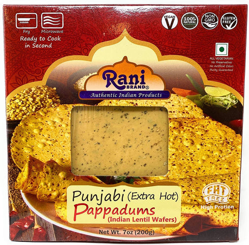 Rani Pappadums Punjabi Papad - Extra Hot, 7oz (200g) Approximately 15pc, All Natural, Vegan, Gluten Friendly
